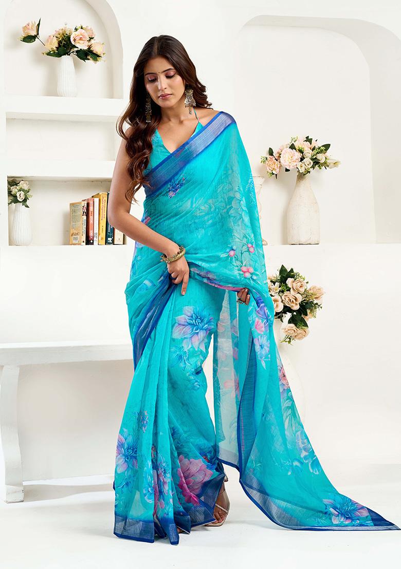 Light Aqua Blue Motif Cotton Blend Saree Set - Indya