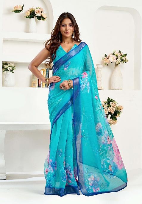 Light Aqua Blue Motif Cotton Blend Saree Set