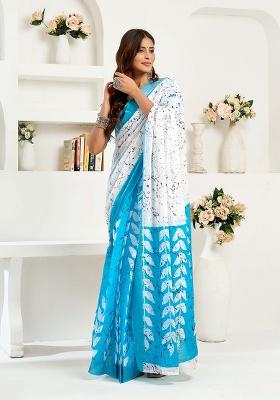 Sky Blue Motif Cotton Blend Saree Set