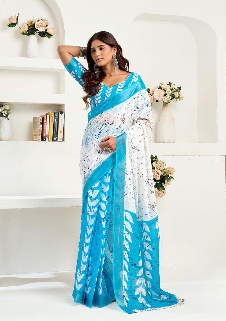 Sky Blue Motif Cotton Blend Saree Set - Indya
