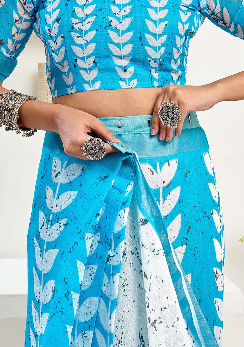 Sky Blue Motif Cotton Blend Saree Set - Indya