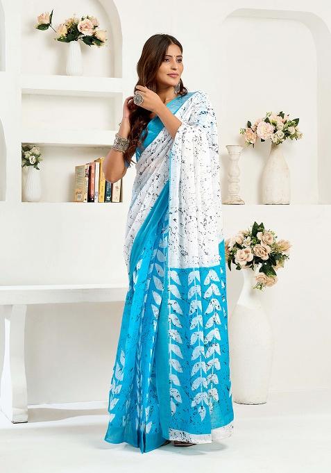 Sky Blue Motif Cotton Blend Saree Set