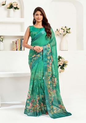 Green Motif Cotton Blend Saree Set