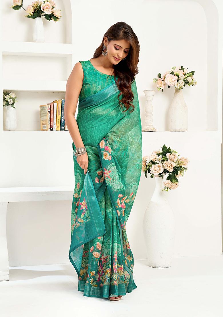 Green Motif Cotton Blend Saree Set - Indya
