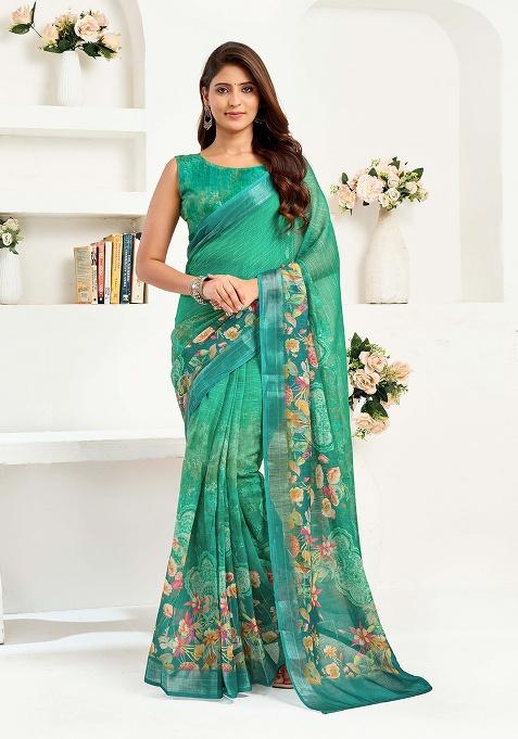 Green Motif Cotton Blend Saree Set