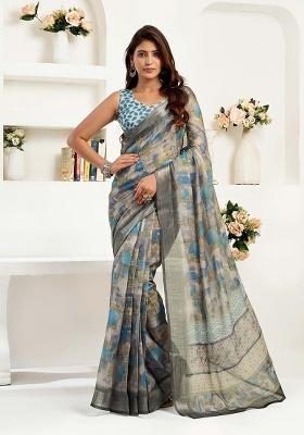 Grey Motif Cotton Blend Saree Set