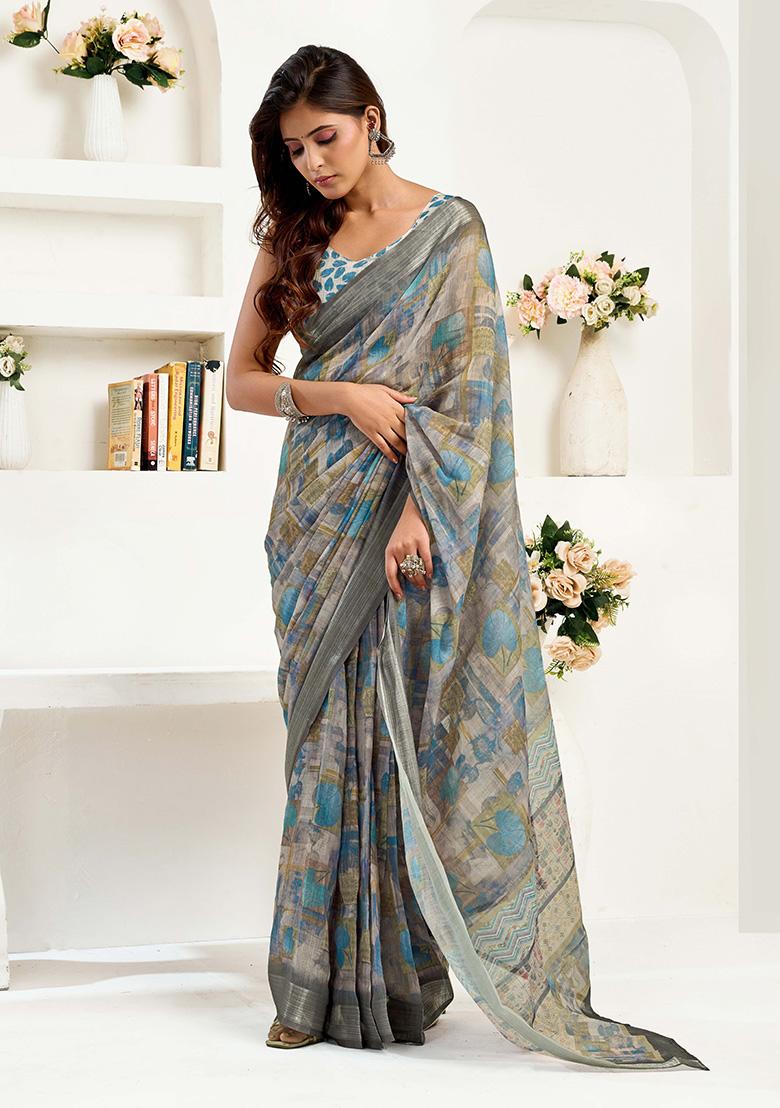 Grey Motif Cotton Blend Saree Set - Indya