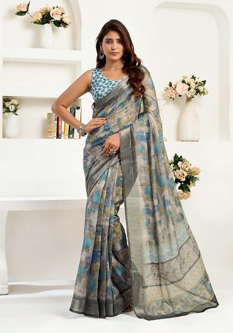 Grey Motif Cotton Blend Saree Set