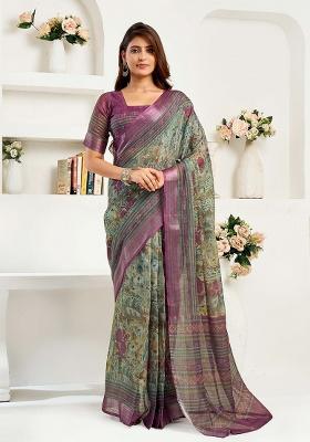 Multicolor Motif Cotton Blend Saree Set