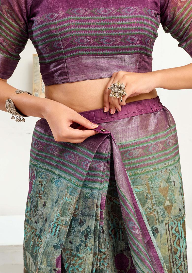 Multicolor Motif Cotton Blend Saree Set - Indya