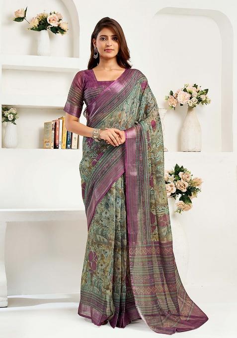 Multicolor Motif Cotton Blend Saree Set
