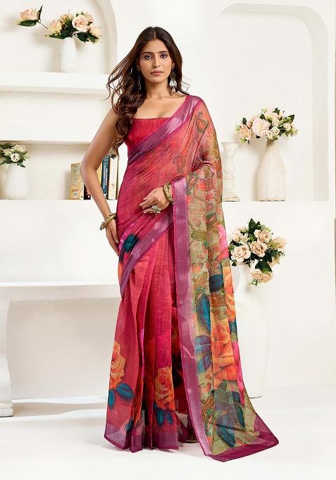 Pink Motif Cotton Blend Saree Set