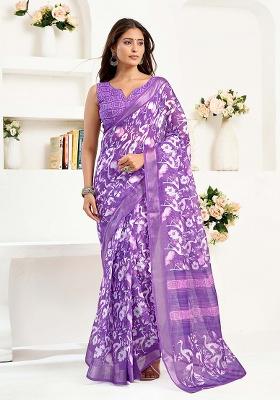 Purple Motif Cotton Blend Saree Set