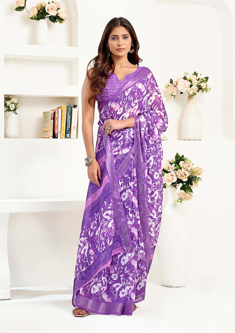 Purple Motif Cotton Blend Saree Set - Indya
