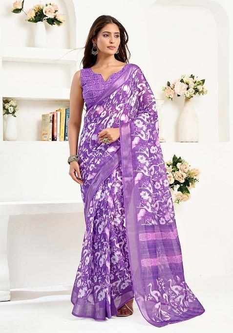 Purple Motif Cotton Blend Saree Set