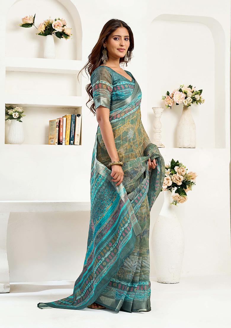 Light Green Motif Cotton Blend Saree Set - Indya