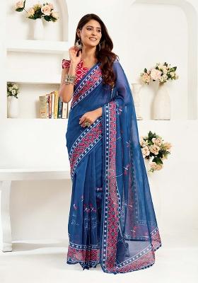 Blue Motif Cotton Blend Saree Set
