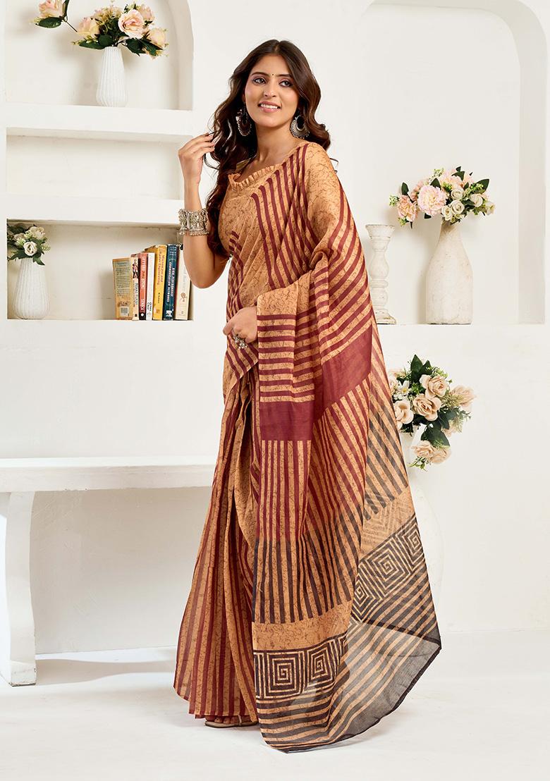 Brown Motif Cotton Blend Saree Set - Indya