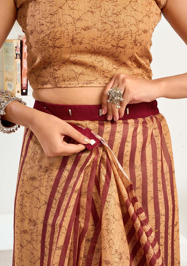 Brown Motif Cotton Blend Saree Set - Indya