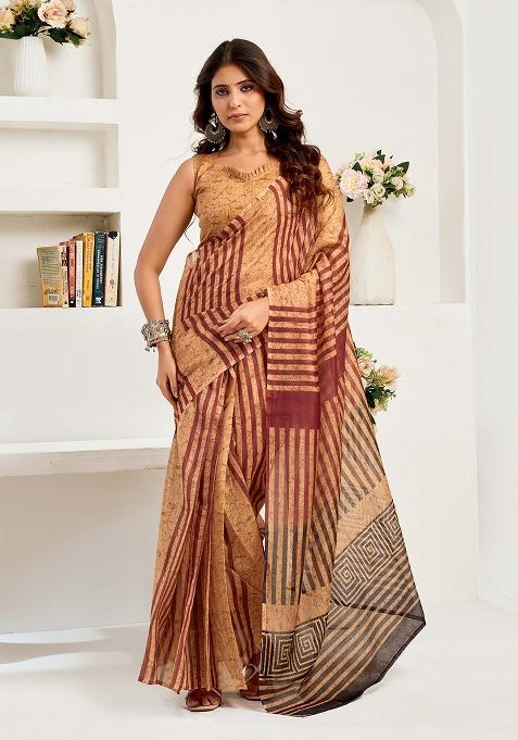Brown Motif Cotton Blend Saree Set