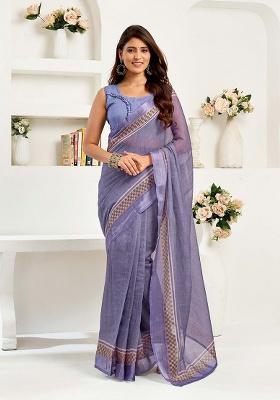 Light Lavender Motif Cotton Blend Saree Set