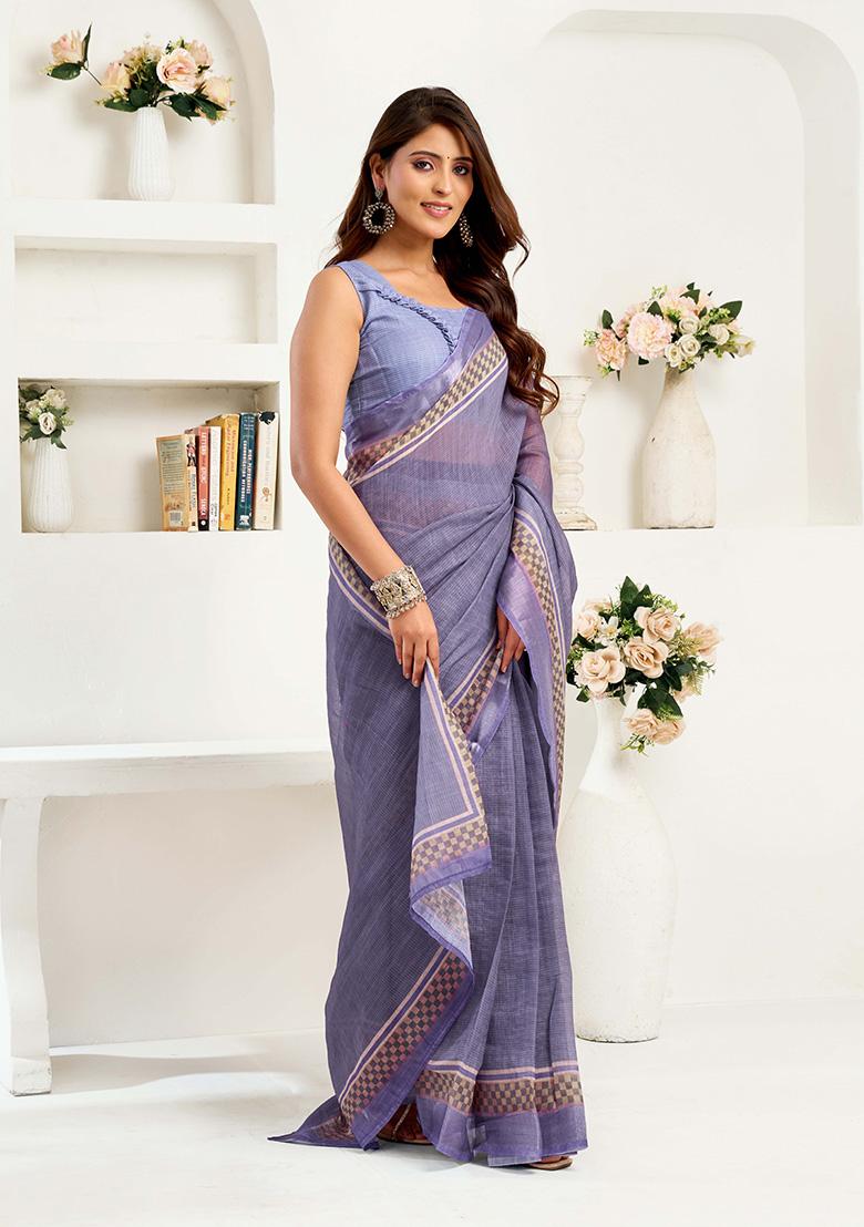 Light Lavender Motif Cotton Blend Saree Set - Indya