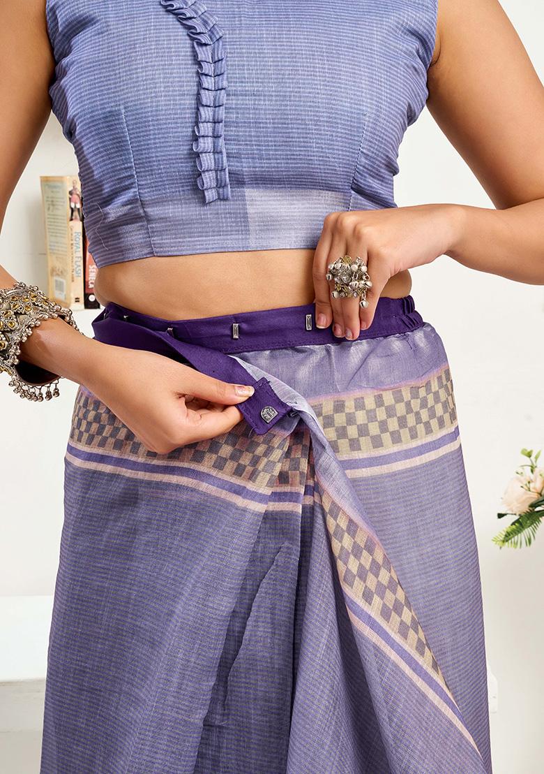 Light Lavender Motif Cotton Blend Saree Set - Indya
