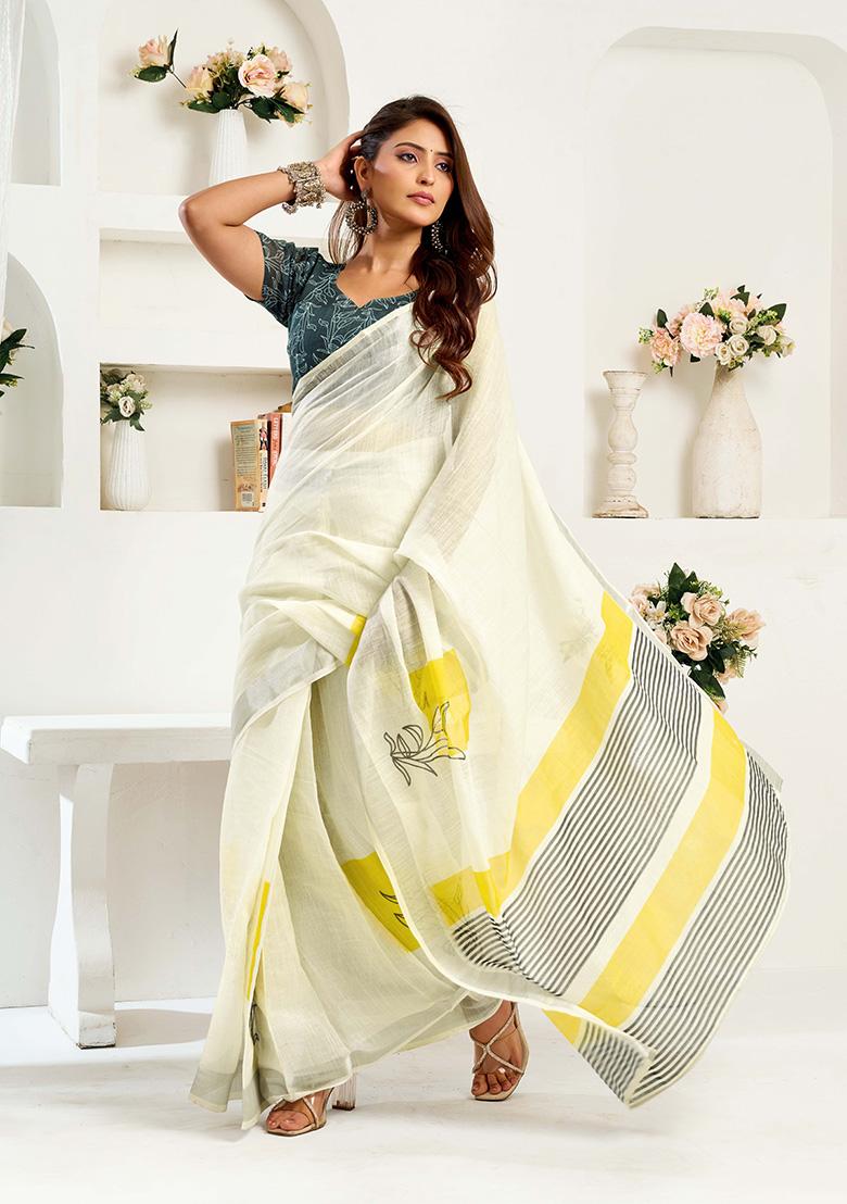 Off White Motif Cotton Blend Saree Set - Indya