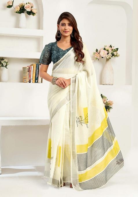 Off White Motif Cotton Blend Saree Set
