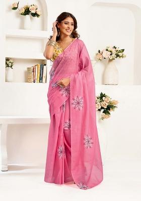 Pink Motif Cotton Blend Saree Set