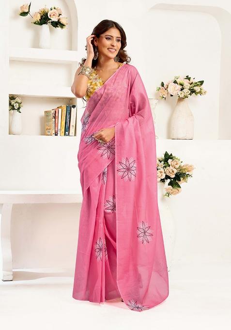 Pink Motif Cotton Blend Saree Set