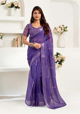 Purple Motif Cotton Blend Saree Set