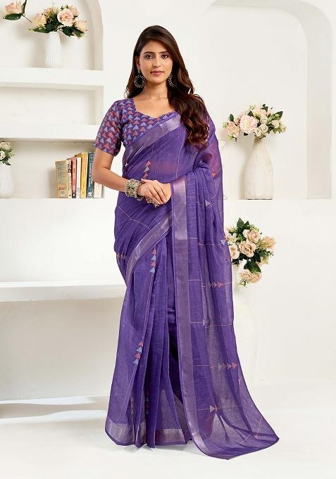 Purple Motif Cotton Blend Saree Set