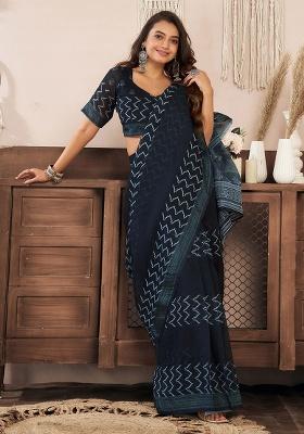 Black Motif Cotton Blend Saree Set
