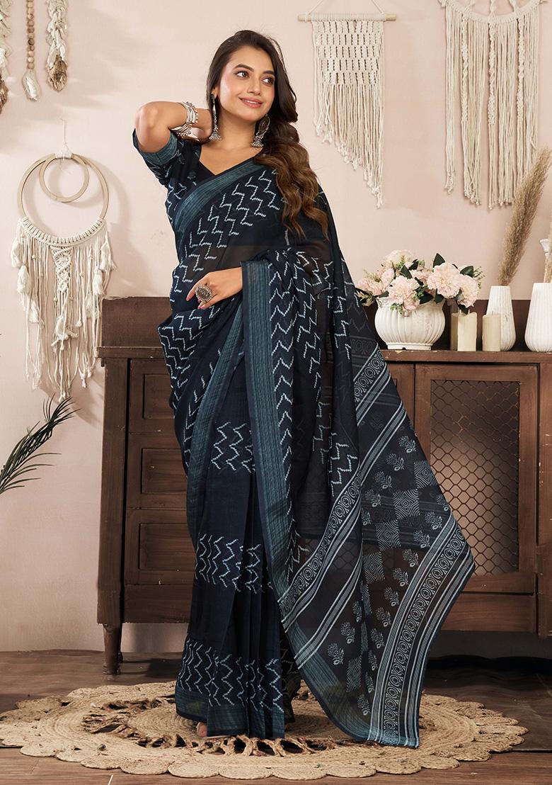 Black Motif Cotton Blend Saree Set - Indya