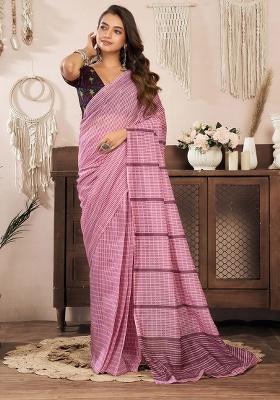 Light Pink Motif Cotton Blend Saree Set