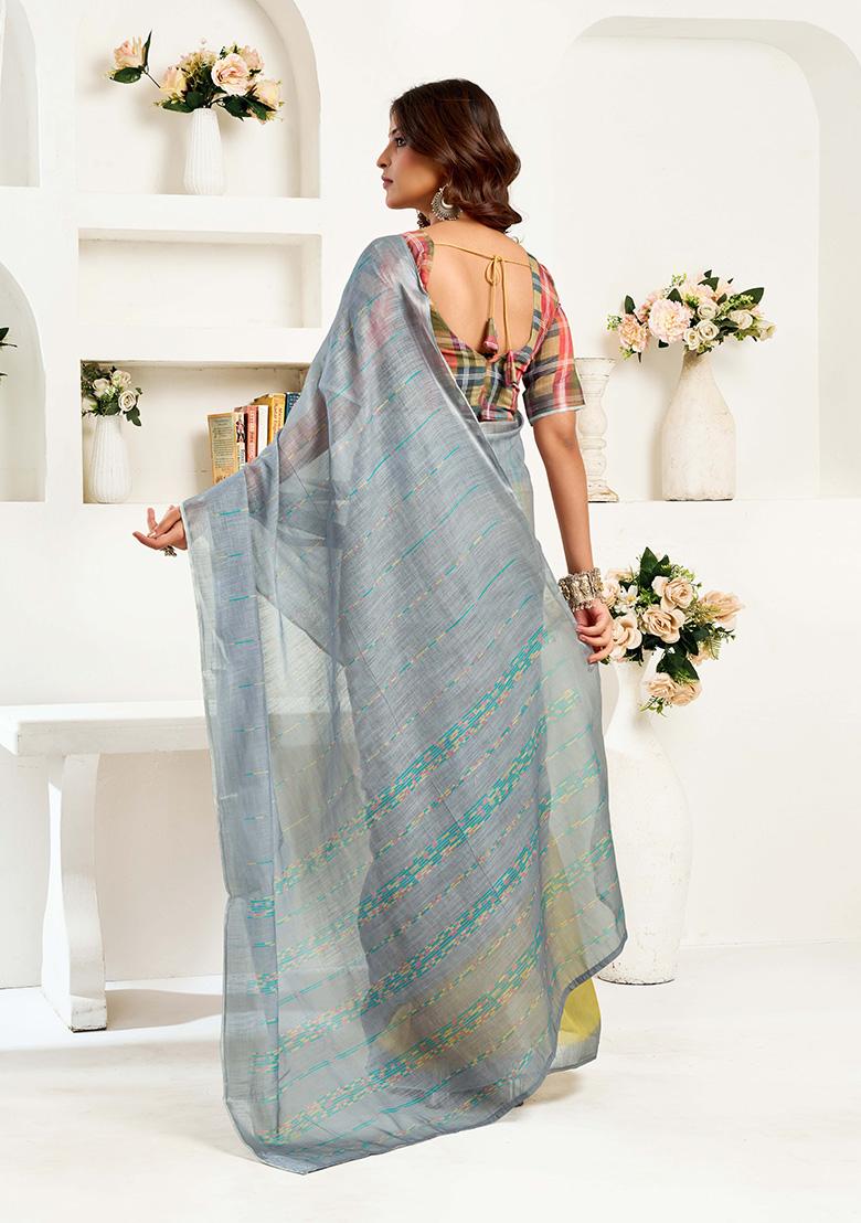 Grey Motif Cotton Blend Saree Set - Indya