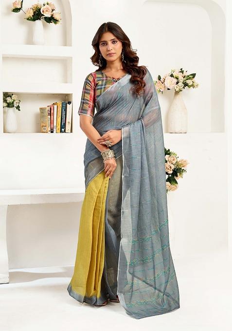 Grey Motif Cotton Blend Saree Set