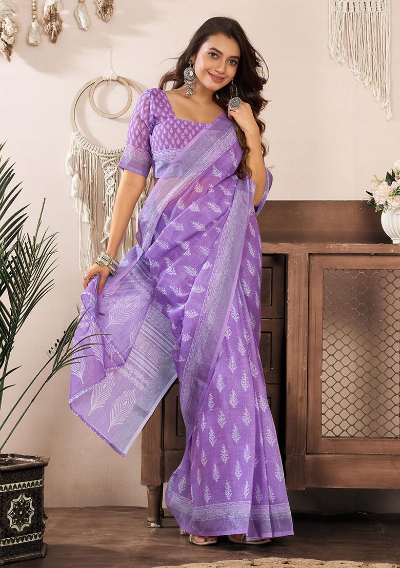 Lavender Motif Cotton Blend Saree Set - Indya