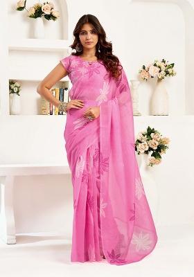 Light Pink Motif Cotton Blend Saree Set