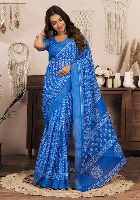 Blue Motif Cotton Blend Saree Set