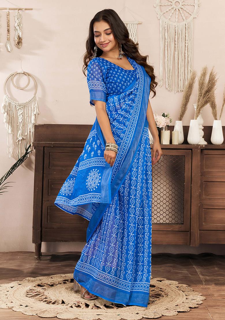 Blue Motif Cotton Blend Saree Set - Indya