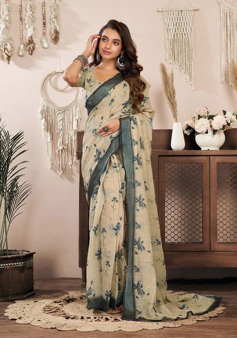 Light Beige Motif Cotton Blend Saree Set