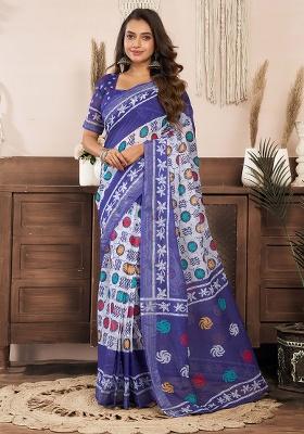 Blue Motif Cotton Blend Saree Set