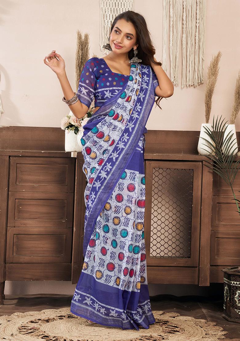 Blue Motif Cotton Blend Saree Set - Indya