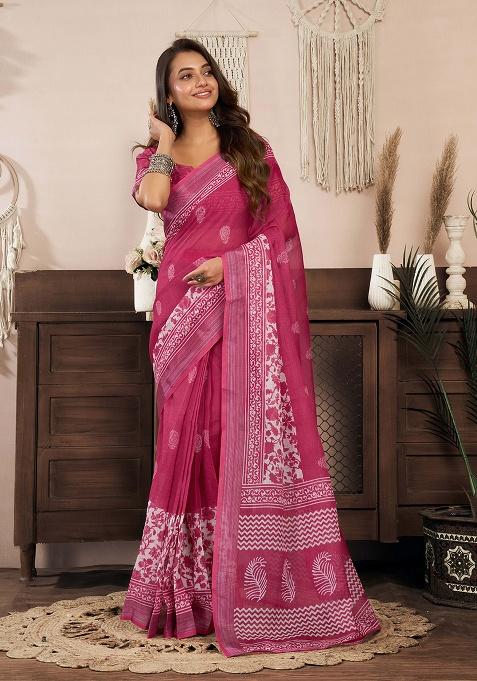 Pink Motif Cotton Blend Saree Set