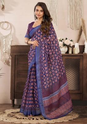 Dark Navy Blue Motif Cotton Blend Saree Set