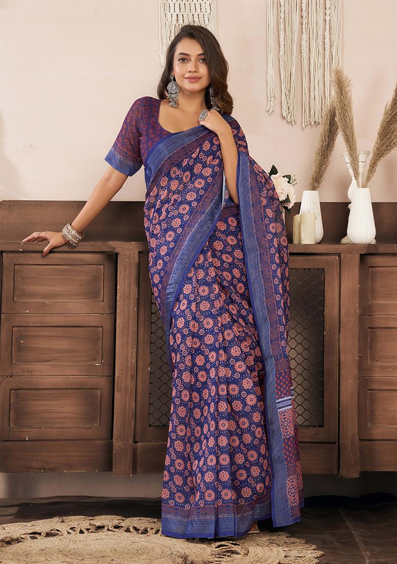 Dark Navy Blue Motif Cotton Blend Saree Set - Indya