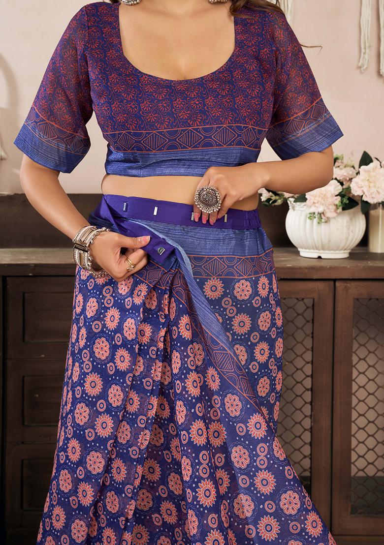 Dark Navy Blue Motif Cotton Blend Saree Set - Indya