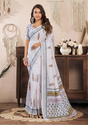 Off White Motif Cotton Blend Saree Set